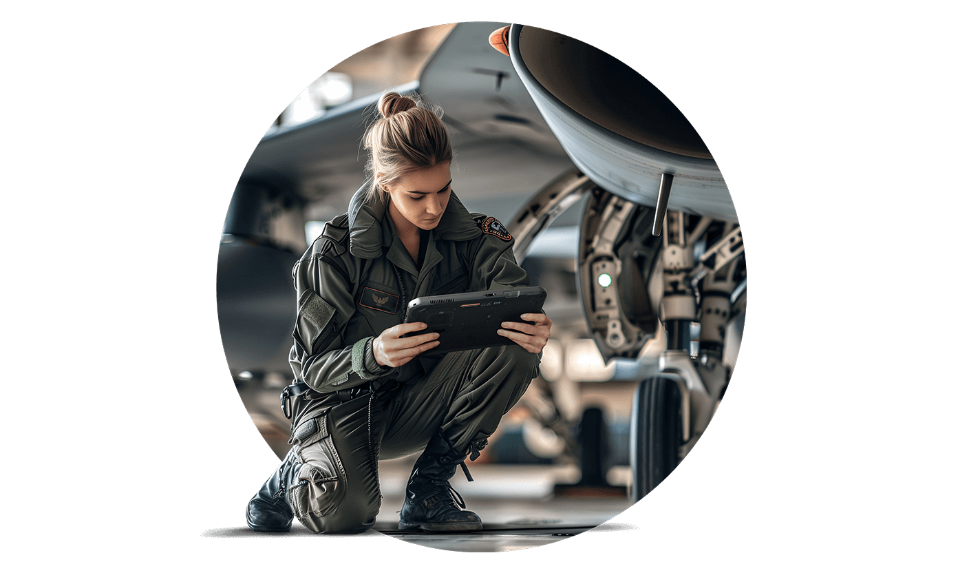 woman with tablet military airplane