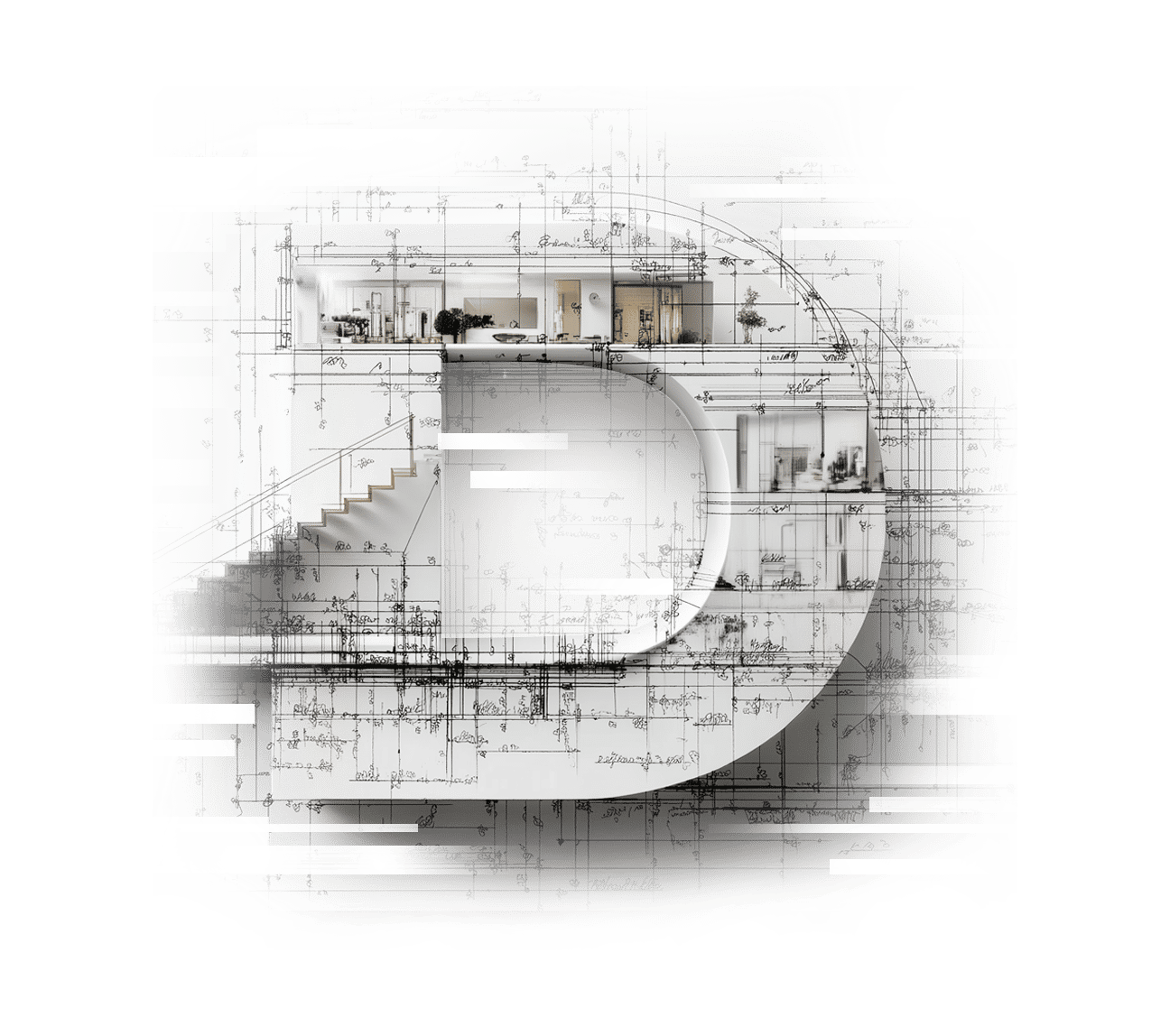 DFIN "D" logo built from architectural blueprints with a stairway interior