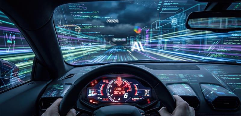 Futuristic image of the interior of a car with AI references,  shifting gears down.