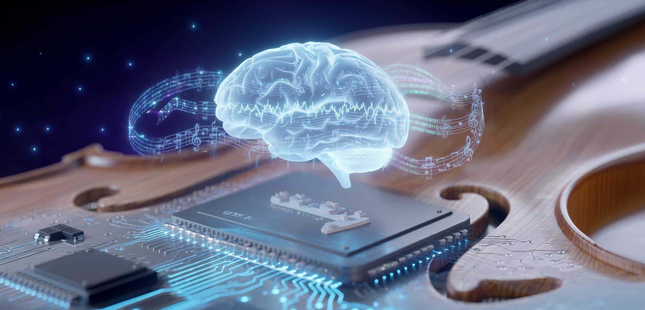 Glowing digital brain hovering above a microchip inside a violin, with musical notes and data streams swirling around.