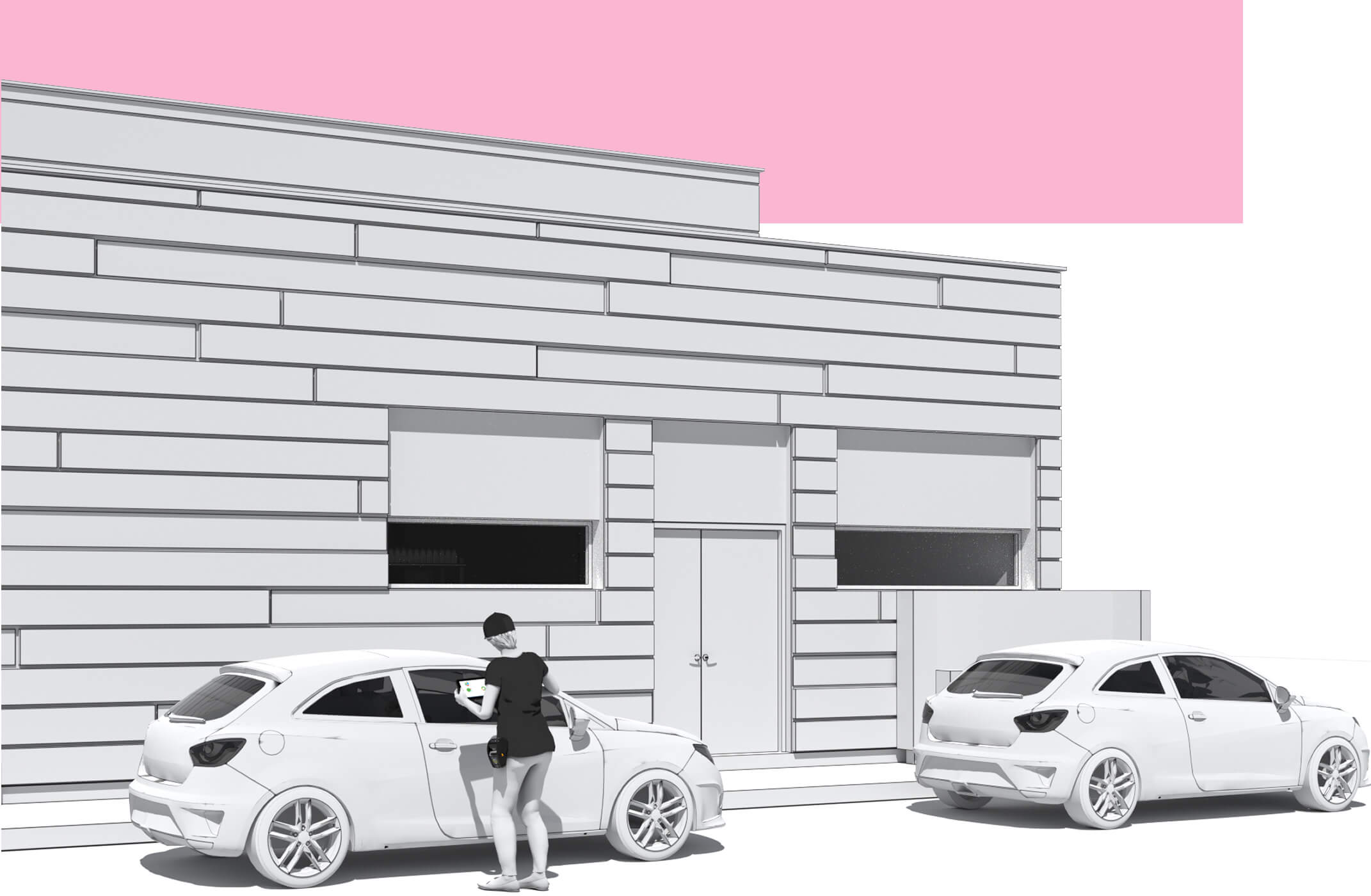 3d white render of building and two hatchback cars
