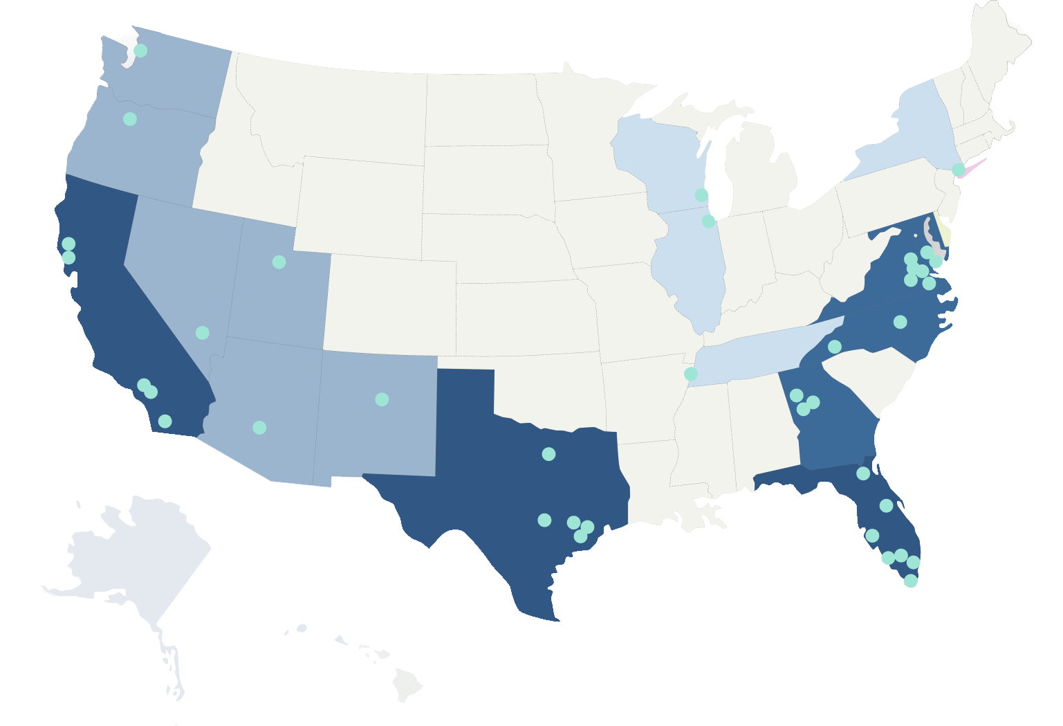 map of USA with blue regions